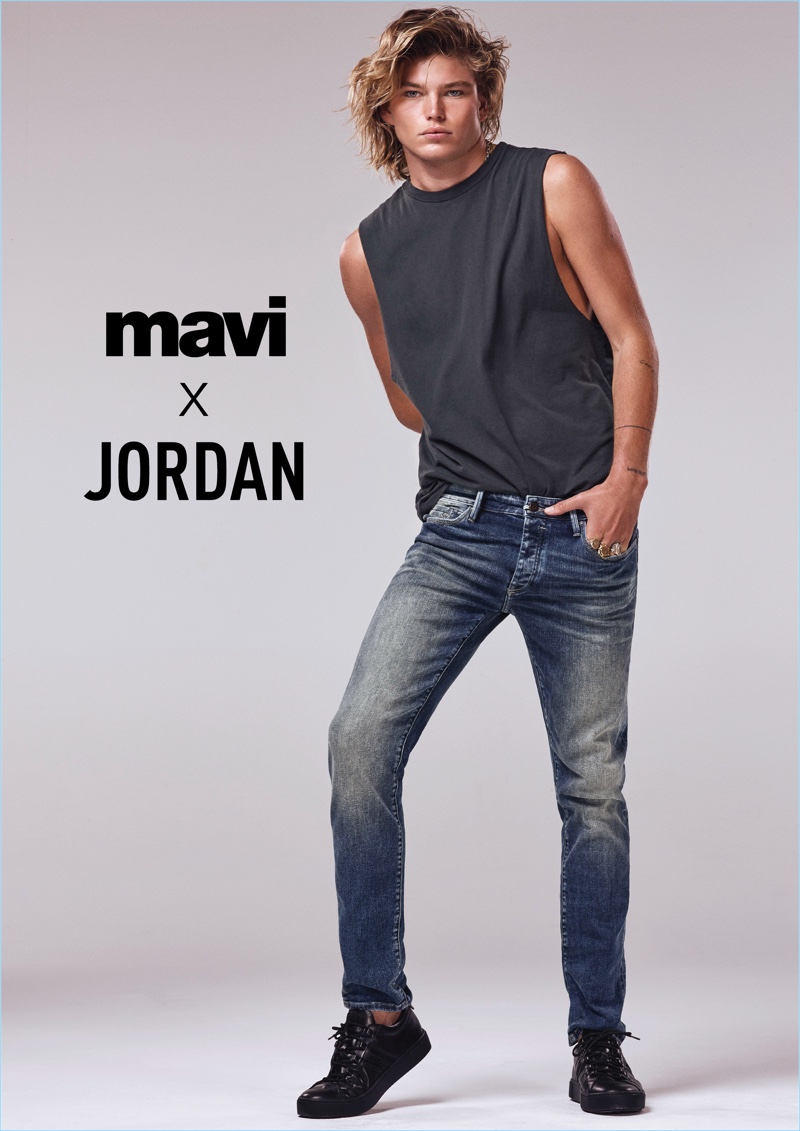 Sporting distressed denim, Jordan Barrett stars in Mavi's spring-summer 2018 campaign.
