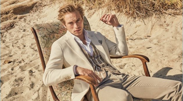 Jules Raynal Heads to the Beach with L.B.M. 1911 for Chic Spring '18 Model Jules Raynal wears a dapper look from L.B.M. 1911.