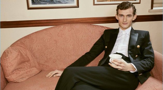 Go-See: Luisaviaroma Curates Fashions for the Charmer Relaxing, Franco wears a Balmain jacket with a Prada shirt and Maison Margiela jogging style pants.