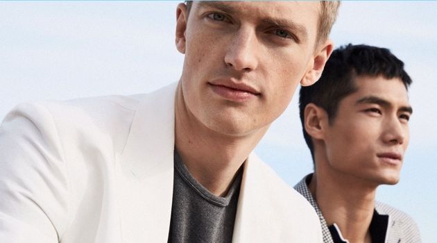 Models Victor Nylander and Hao Yun Xiang star in an editorial for Massimo Dutti.