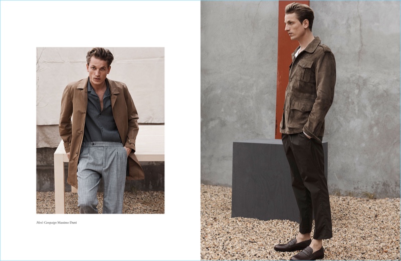 Abbracciando il marrone, Hugo Sauzay indossa le mode della collezione primavera-estate 2018 di Massimo Dutti.