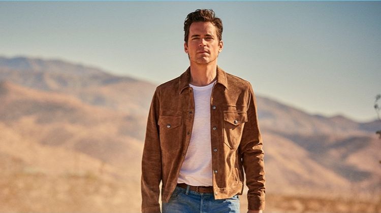 Matt Bomer wears a suede jacket, pocket tee, and selvedge jeans for Todd Snyder's spring-summer 2018 campaign.