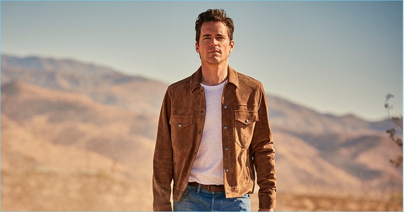 Matt Bomer wears a suede jacket, pocket tee, and selvedge jeans for Todd Snyder's spring-summer 2018 campaign.