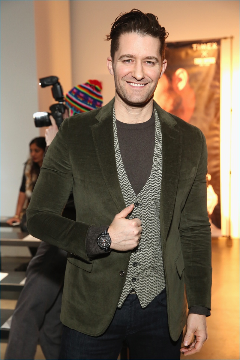 All smiles, Matthew Morrison wears the Todd Snyder x Timex MS1 Maritime sport watch.