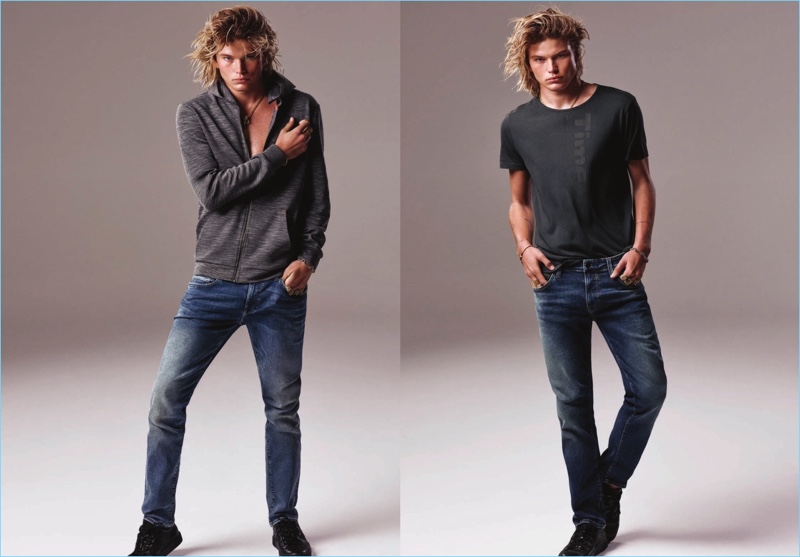 Showcasing Mavi's latest denim styles, Jordan Barrett appears in the brand's spring-summer 2018 lookbook.