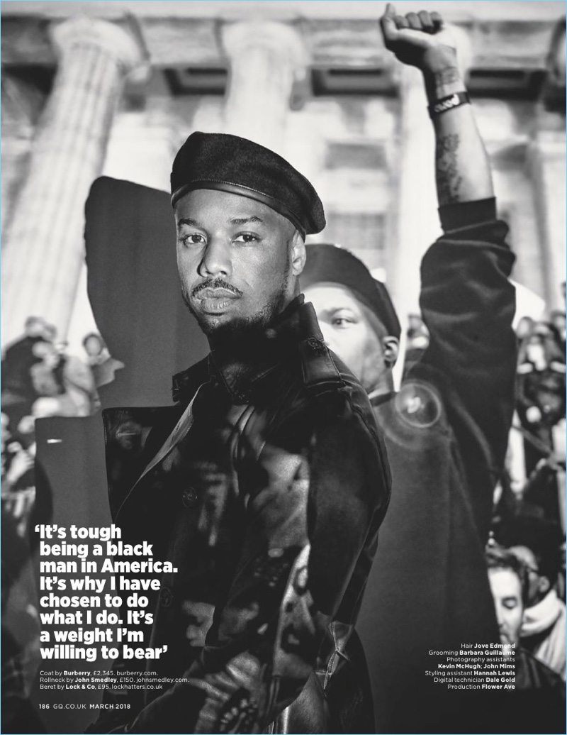 Starring in a photo shoot, Michael B. Jordan sports a leather Burberry coat with a John Smedley turtleneck. He also wears a Lock & Co. beret.
