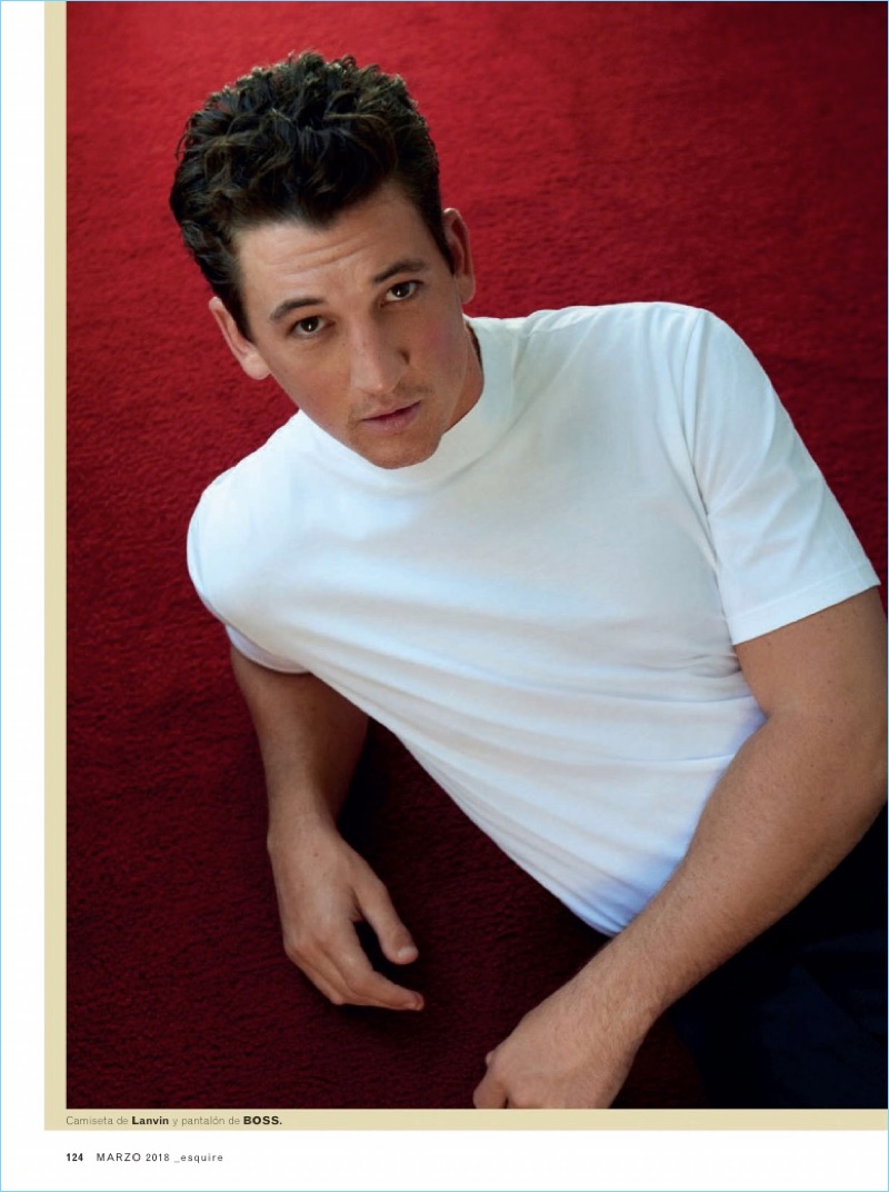 Going casual, Miles Teller wears a Lanvin shirt with BOSS pants.