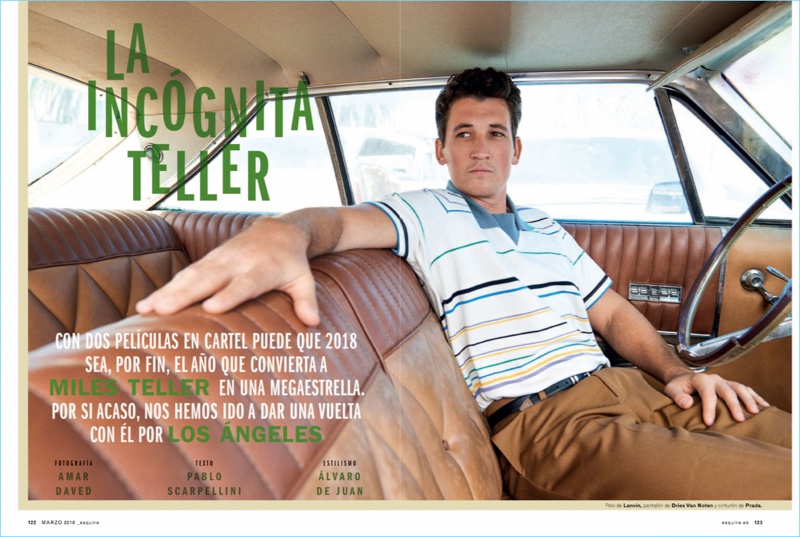 Actor Miles Teller wears a Lanvin polo, Dries Van Noten trousers, and a Prada belt. » Miles Teller Covers Esquire España, Discusses Navigating Career Actor Miles Teller wears a Lanvin polo, Dries Van Noten trousers, and a Prada belt.
