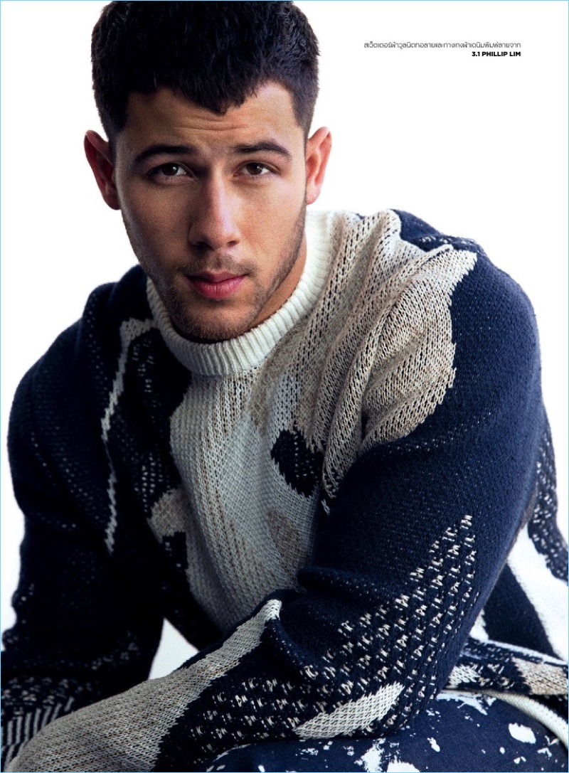 Singer Nick Jonas wears a sweater by 3.1 Phillip Lim.