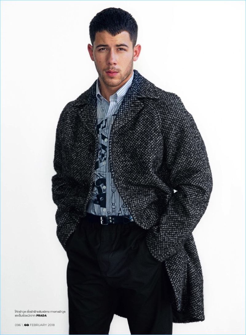 Front and center, Nick Jonas dons a Prada look.