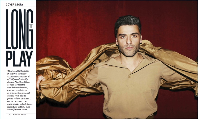 Actor Oscar Isaac wears a spring look by Bottega Veneta.