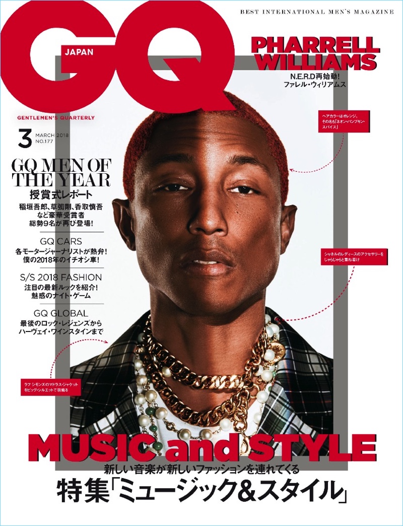 Pharrell covers the March 2018 issue of GQ Japan.