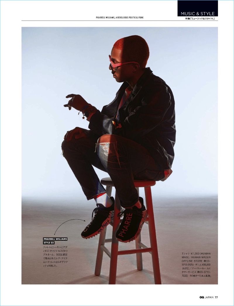 Connecting with GQ Japan, Pharrell wears Human Made.