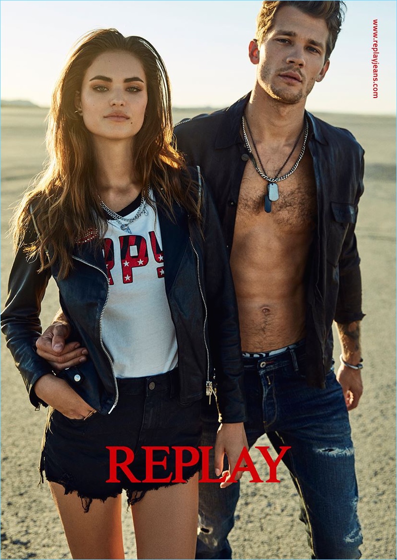 Models Robin Hölzken and Andrey Zakharov star in Replay's spring-summer 2018 campaign.