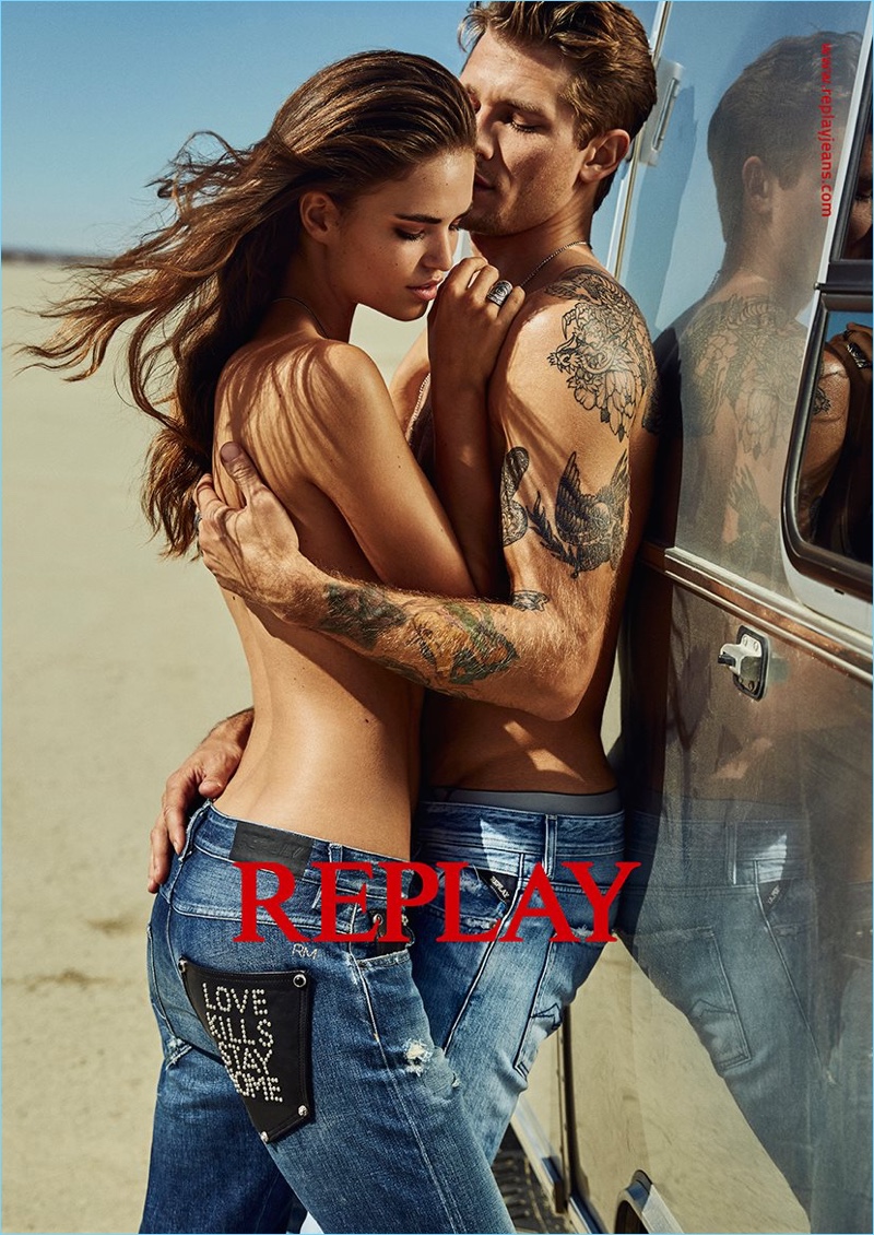 Going topless, Robin Hölzken and Andrey Zakharov front Replay's spring-summer 2018 campaign.