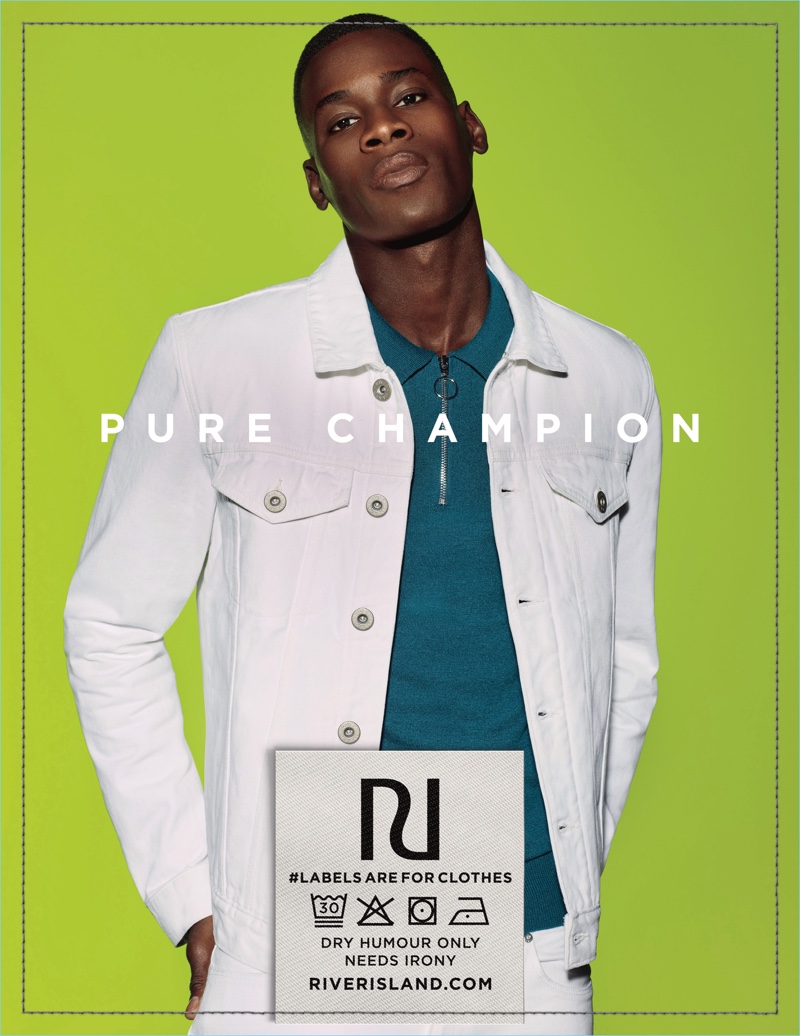 Model David Agbodji wears white denim for River Island's spring-summer 2018 campaign.