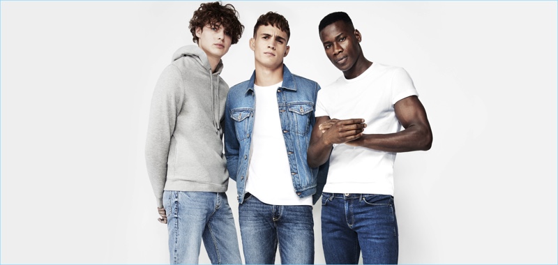 Models Darwin Gray, Julian Schneyder, and David Agbodji star in a denim outing for River Island.