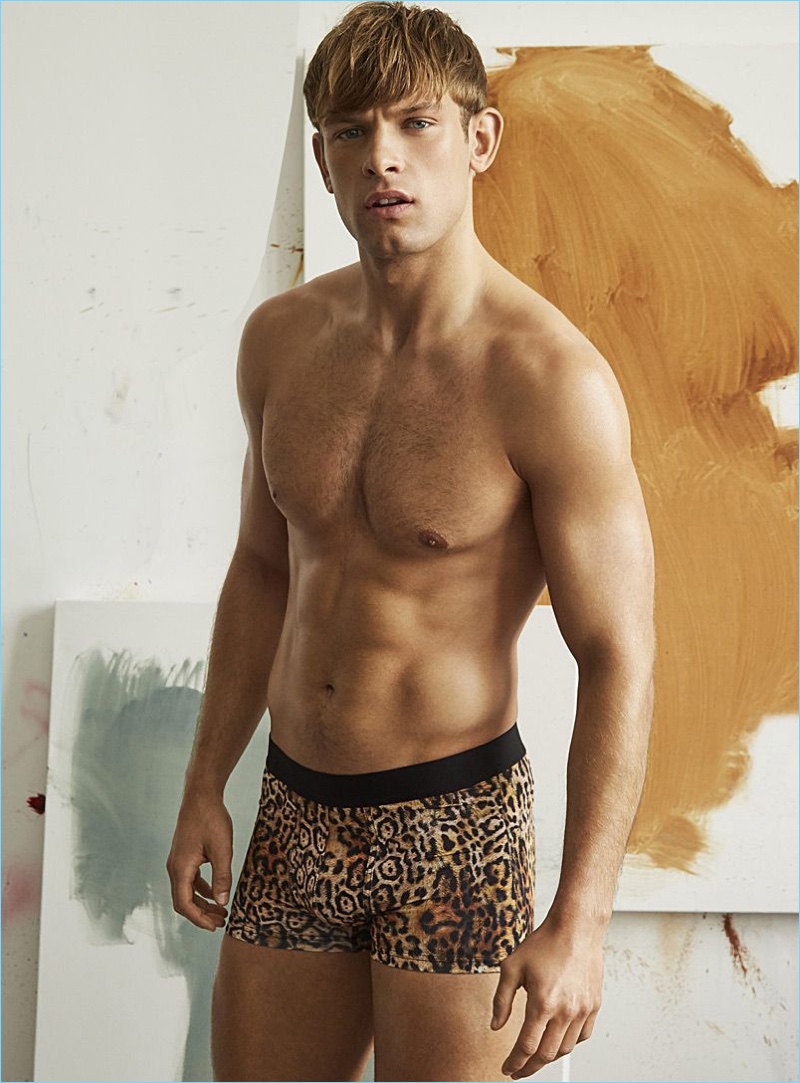 Taking a walk on the wild side, Elliott Reeder wears leopard print underwear by LE 31.