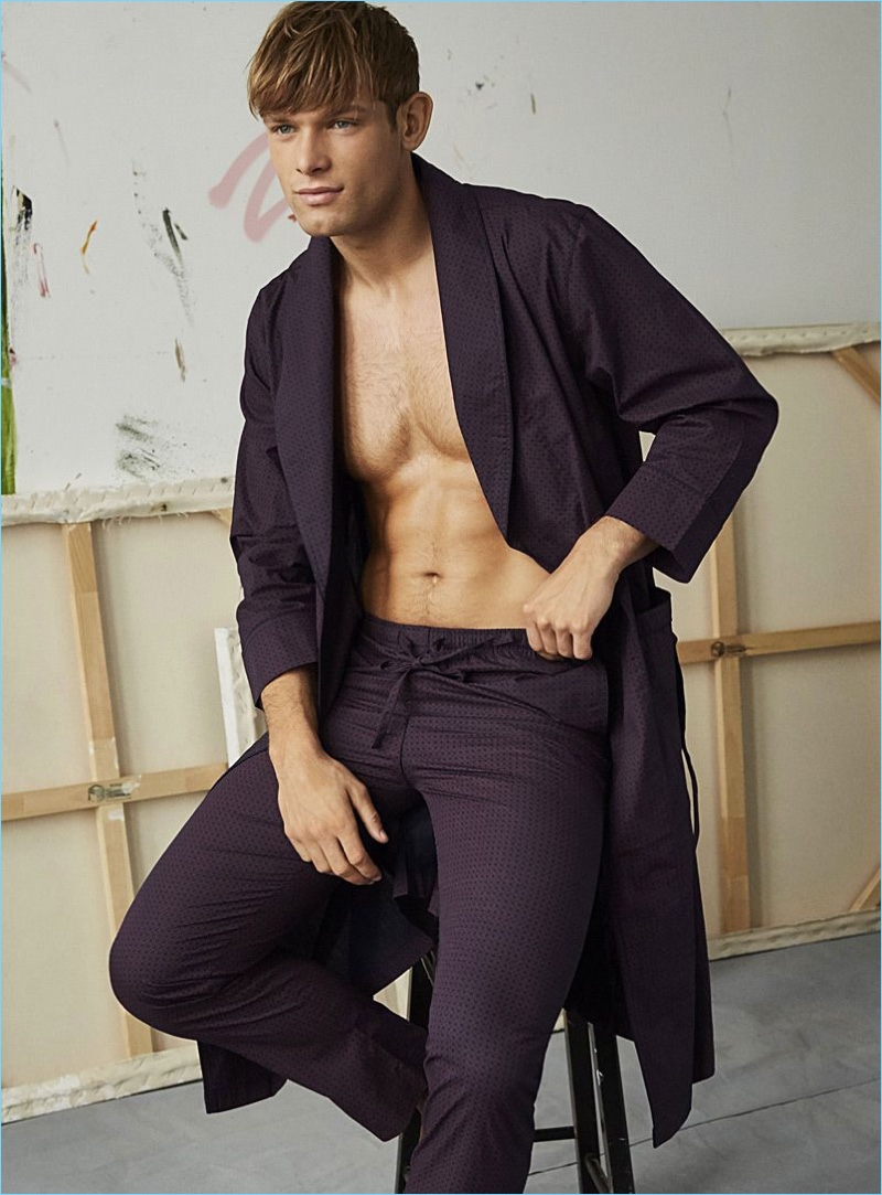 Starring in a Simons lookbook, Elliott Reeder sports a robe and pajamas from LE 31.