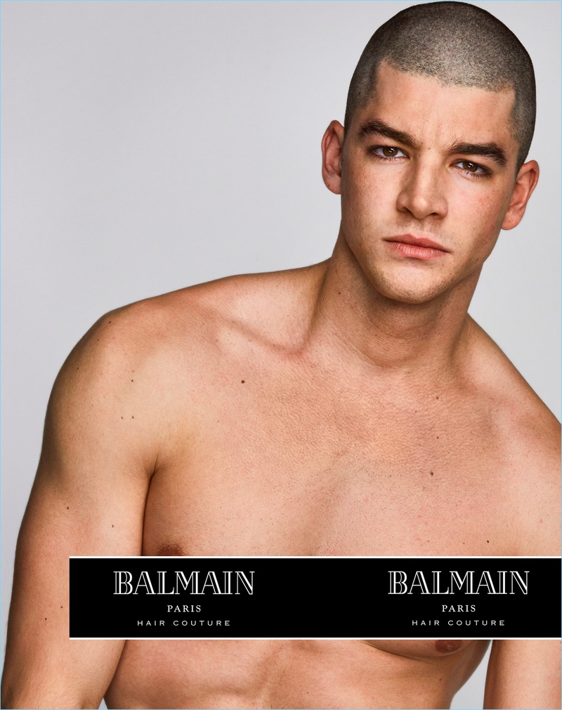 Rocking a buzzcut, Tarik Lakehal stars in a Balmain Paris Hair Couture campaign.