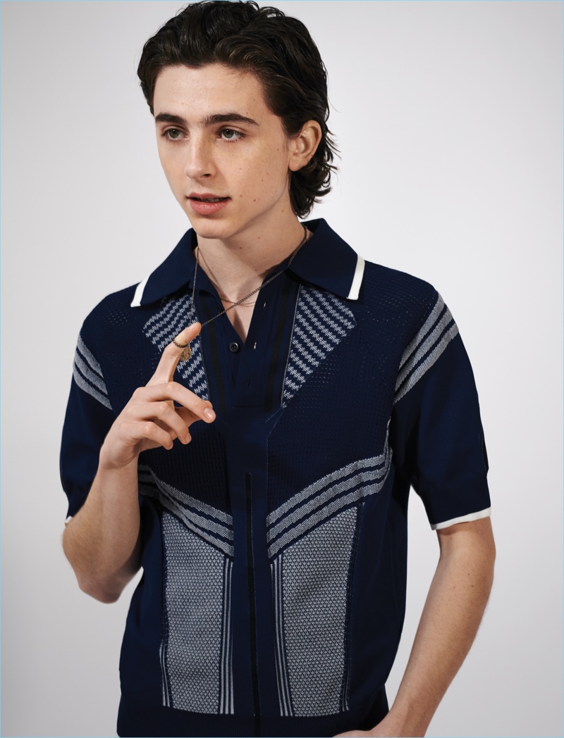 Starring in a photo shoot, Timothée Chalamet wears a Prada polo. » Timothée Chalamet Covers VMAN, Talks 80s Nostalgia Starring in a photo shoot, Timothée Chalamet wears a Prada polo.