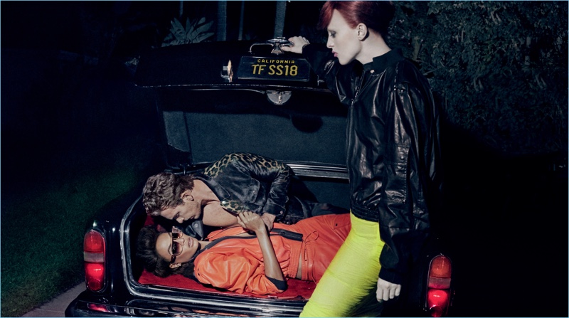 Karen Elson puts Adam Senn and Joan Smalls in the trunk for Tom Ford's spring-summer 2018 campaign.