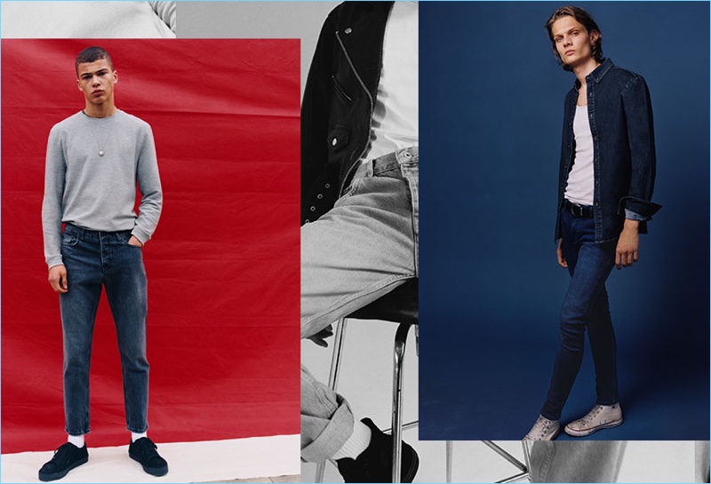 English fashion brand Topman features its Taper mid-rise slim tapered jeans (left) and Spray On low-rise super skinny denim (right).
