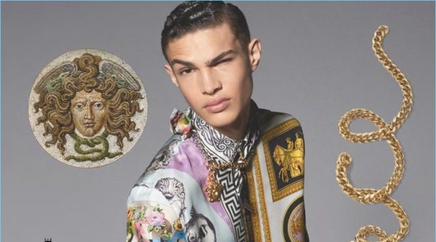 Noah Luis Brown Brings Young Spirit to Versace Spring '18 Campaign Noah Luis Brown sports one of Versace's opulent printed shirts for the brand's spring-summer 2018 campaign.