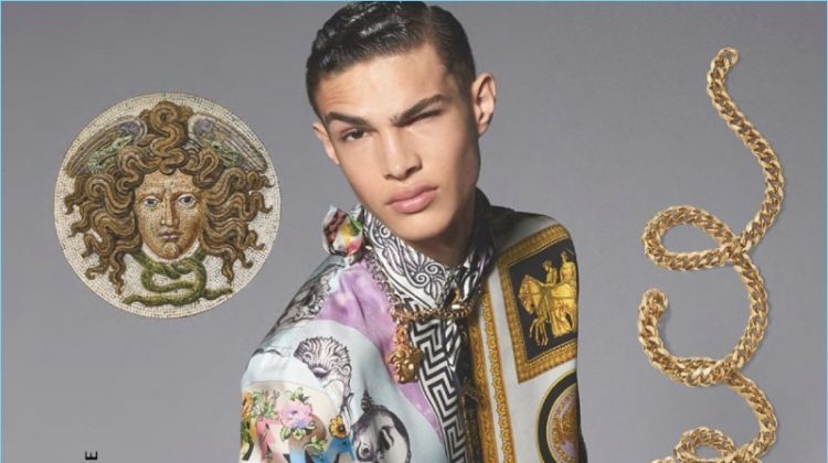 Noah Luis Brown sports one of Versace's opulent printed shirts for the brand's spring-summer 2018 campaign.
