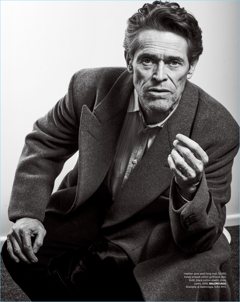 A sharp vision, Willem Dafoe wears a look by Balenciaga.