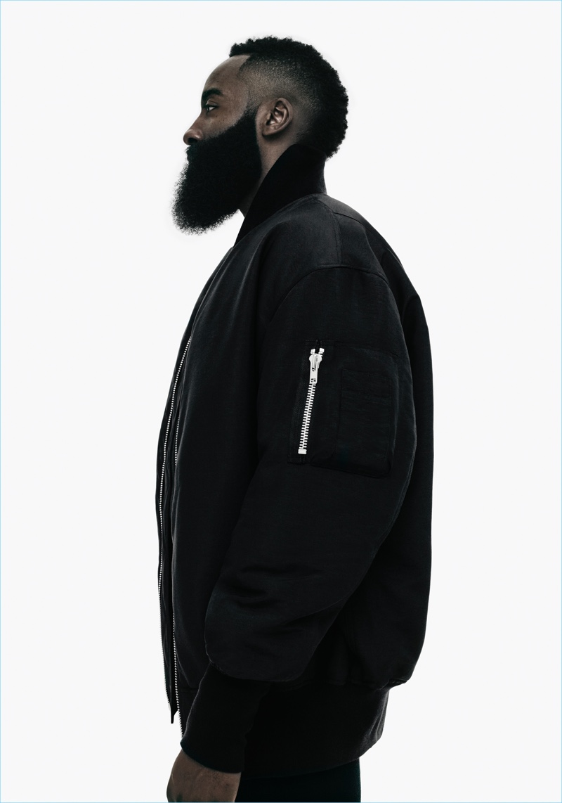 Basketball player James Harden wears a bomber jacket from Y-3's new capsule collection.