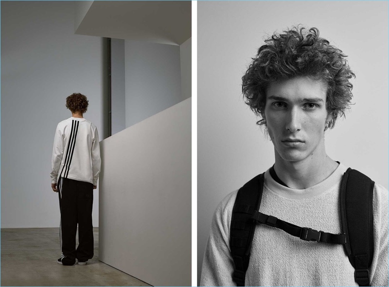 Left: Mikołaj Kajak wears a Y-3 striped long-sleeved sweatshirt, 3-stripes wide-leg cotton-blend track pants and Superknot Superstar suede low-top trainers. Right: He sports a Y-3 long-sleeved sweatshirt and logo-print neoprene backpack.