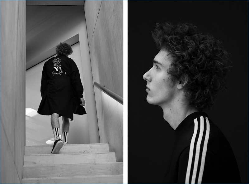 Left: Mikołaj Kajak sports a Y-3 oversized shirt, logo-print straight-leg jersey shorts, striped tube socks and Superknot Superstar suede low-top trainers. Right: He models a Y-3 3-stripes jersey t-shirt.