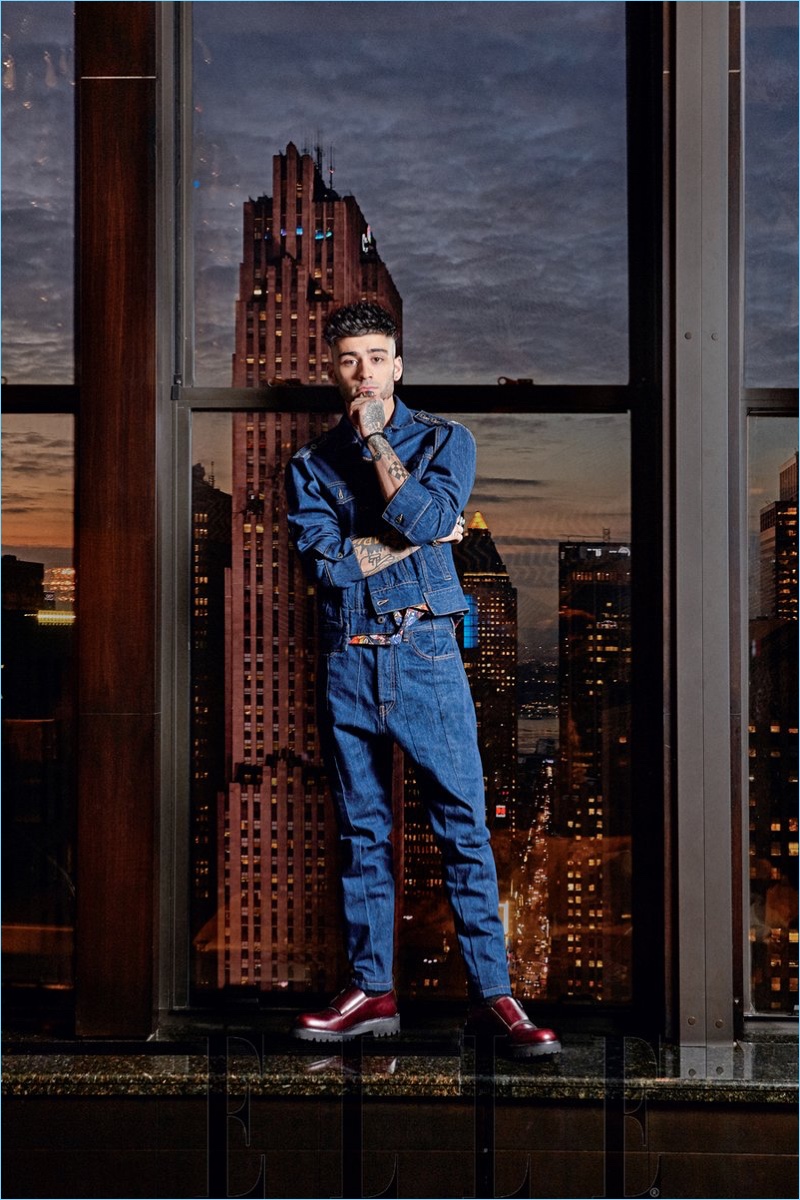 Doubling down on denim, Zayn Malik wears Valentino with Paul Andrew shoes.