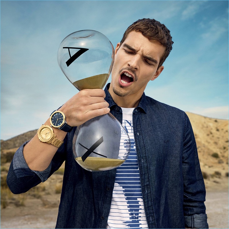 Model Alexandre Cunha fronts Armani Exchange's spring-summer 2018 watches campaign.