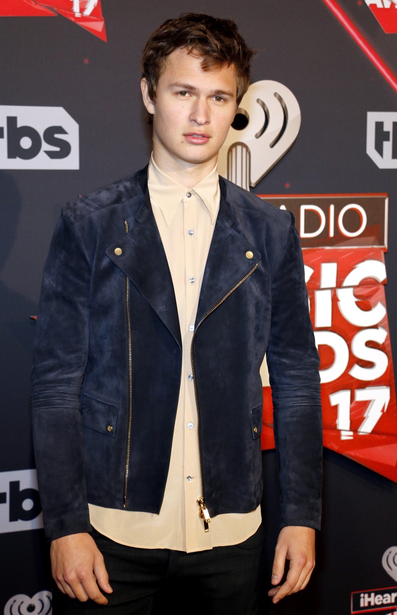 Ansel Elgort wears a moto jacket with a smart button-down to the 2017 iHeartRadio Music Awards. 