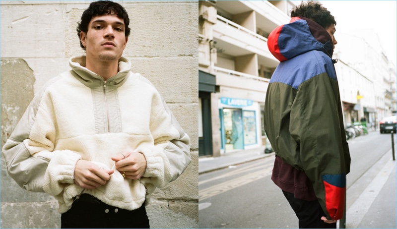 Left: Going casual, Luka Isaac wears a GMBH sherpa pullover jacket and trousers. Right: Luka sports a Martine Rose color-blocked jacket, Yeezy hoodie, and Faith Connexion track pants.