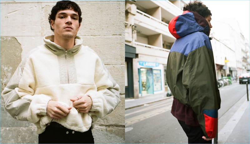 Left: Going casual, Luka Isaac wears a GMBH sherpa pullover jacket and trousers. Right: Luka sports a Martine Rose color-blocked jacket, Yeezy hoodie, and Faith Connexion track pants.