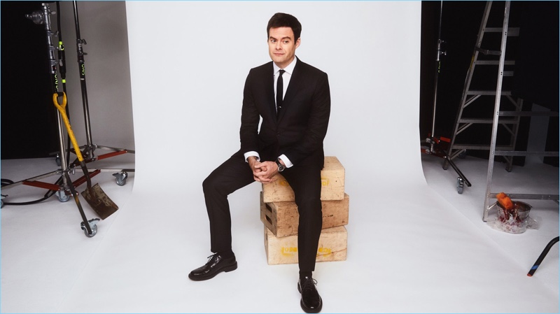 Bill Hader dons an Ermenegildo Zegna suit with a J.Crew shirt and Dolce & Gabbana tie. Hader also wears Church's shoes and a Dolce & Gabbana watch.