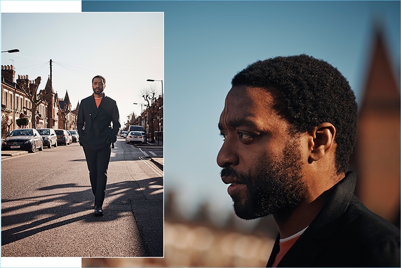 Stepping outside, Chiwetel Ejiofor wears a Bottega Veneta double-breasted jacket and trousers with a Brunello Cucinelli t-shirt. He also dons Dries Van Noten leather boots.