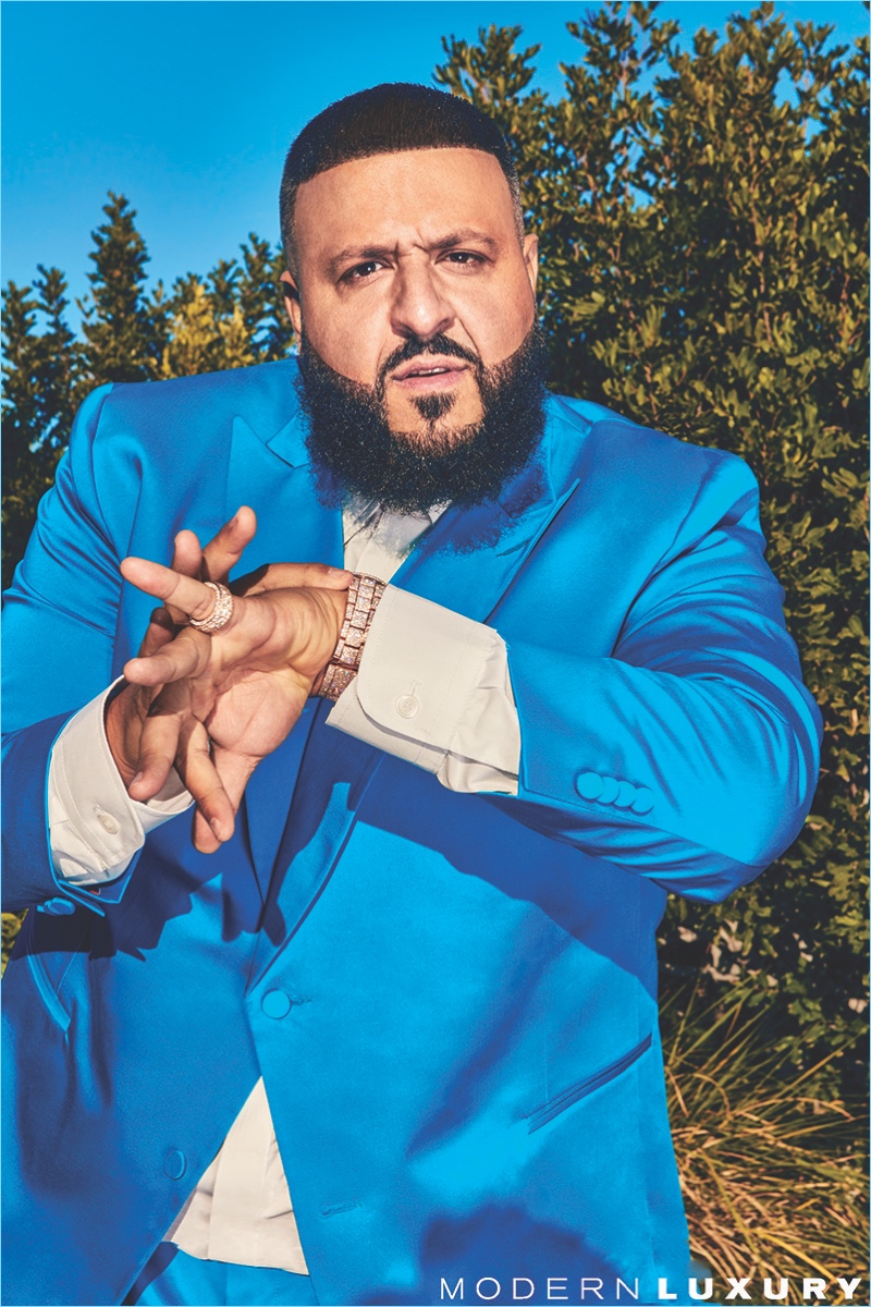 Donning a bold suit, DJ Khaled appears in a photo shoot for Ocean Drive.