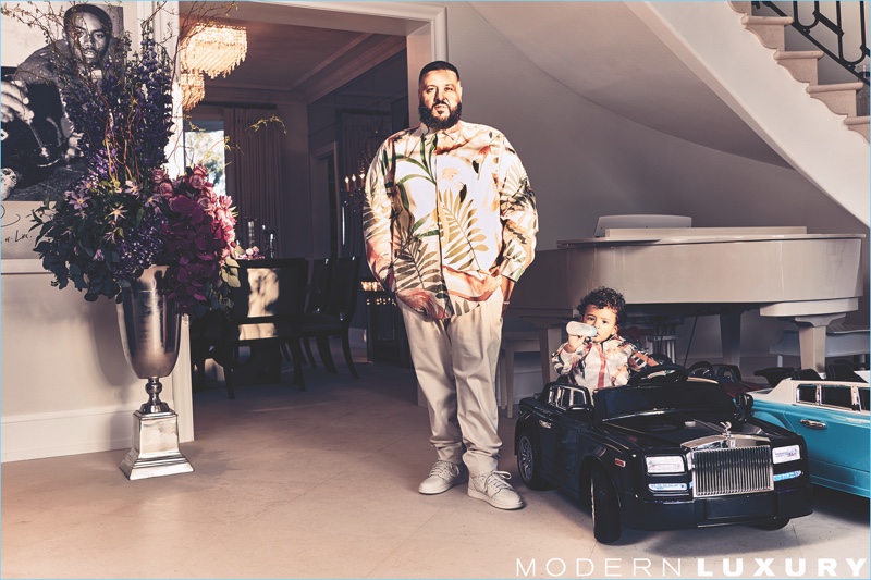 Joined by his son Asahd, DJ Khaled poses for Ocean Drive.