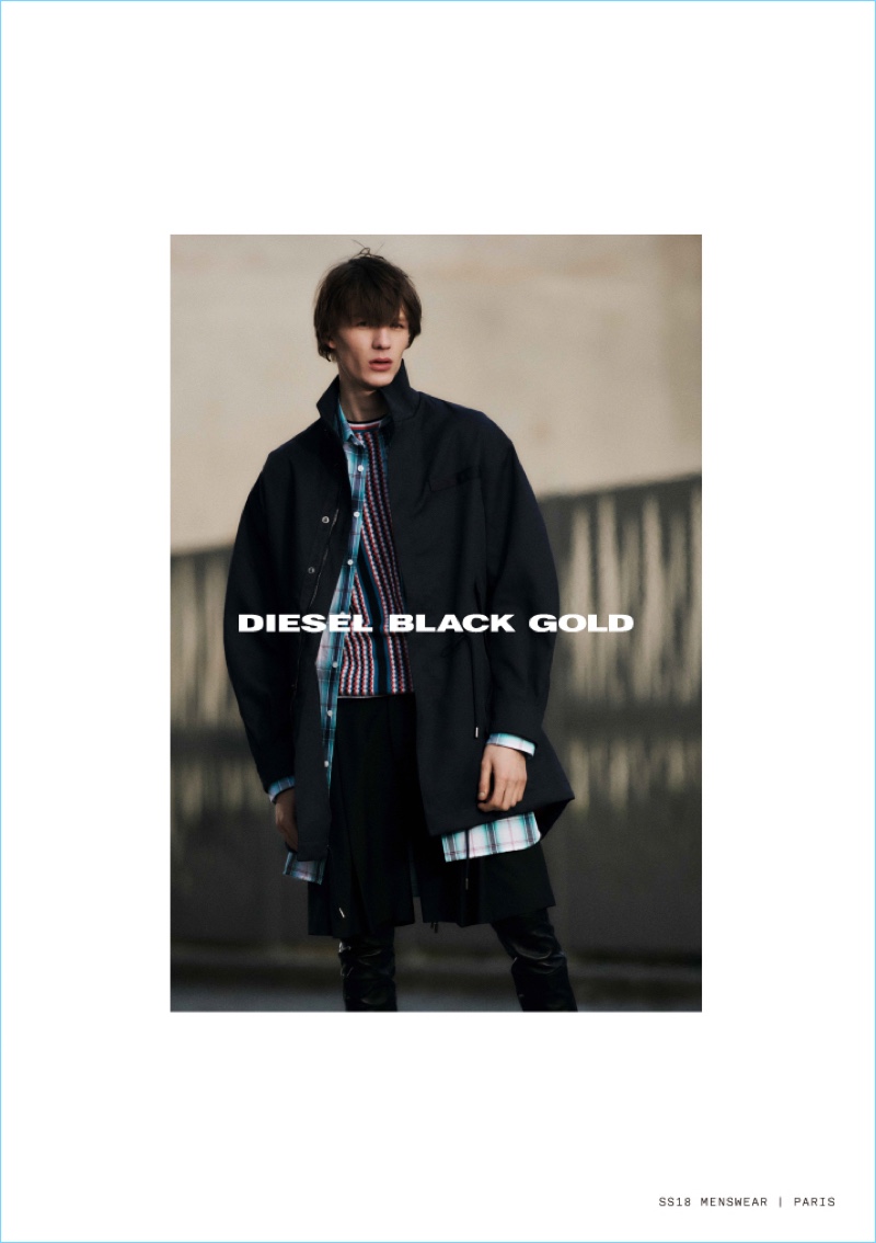 Mark Peckmezian photographs Finnlay Davis for Diesel Black Gold's spring-summer 2018 campaign.