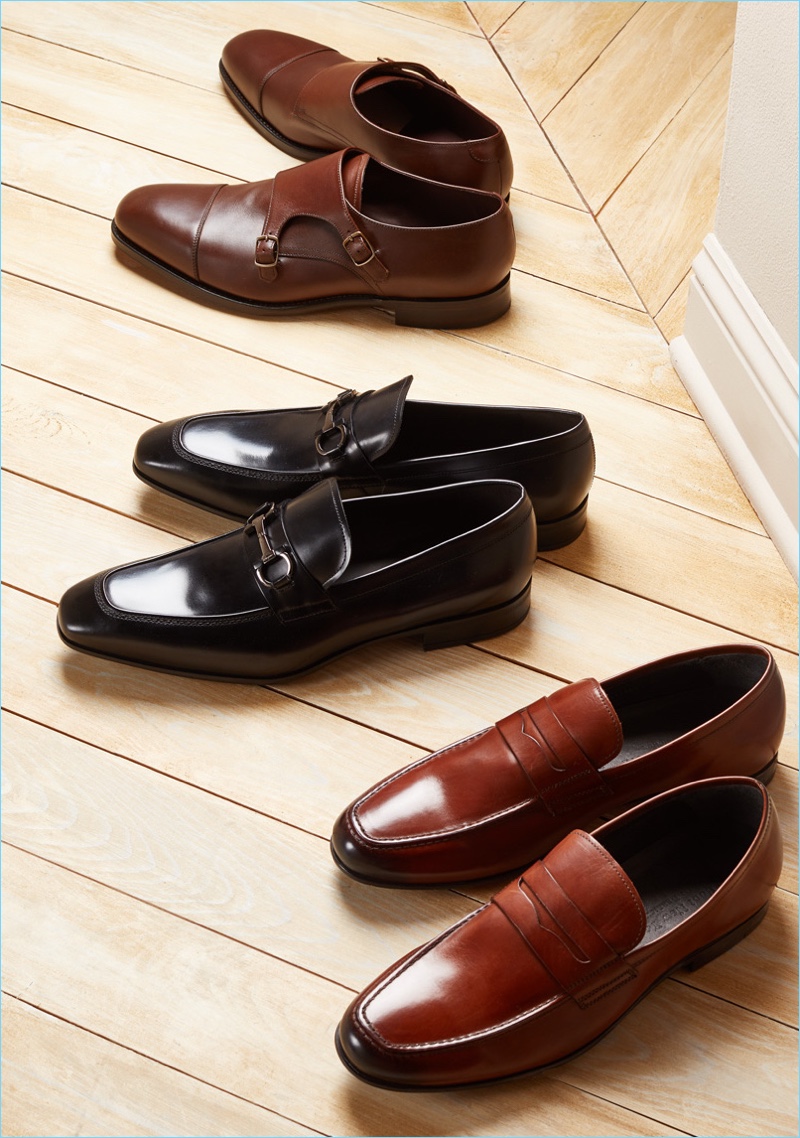 Dress Shoes (Pictured Top to Bottom): Loake 1880 Cannon Monk Strap Shoes, Salvatore Ferragamo Dinamo Bit Loafers, To Boot New York Alek Loafers