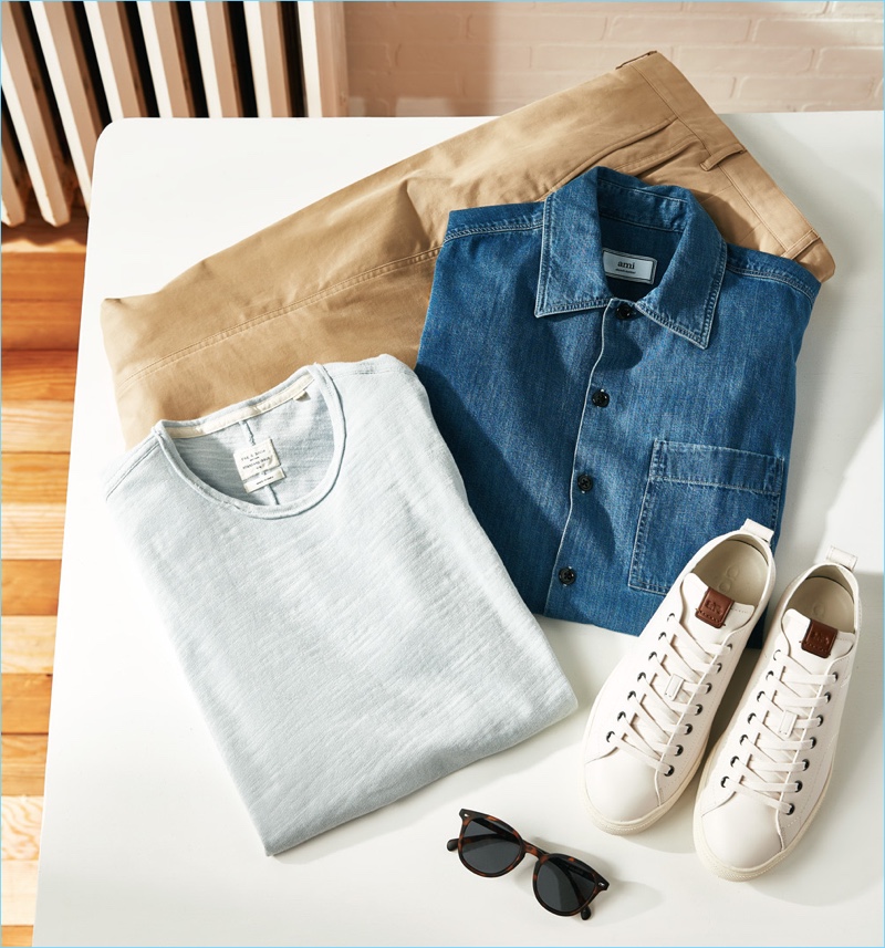 Neo Chinos: Update your wardrobe with PS by Paul Smith chinos. East Dane complements the essential with an AMI denim shirt, Coach sneakers, Le Specs sunglasses, and a Rag & Bone Standard Issue tee.