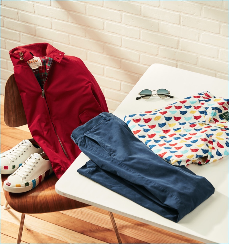 Bright Spot: Embrace color with Baracuta's G9 jacket in red. You can also opt for Gitman Vintage's polar bears shirt, Classic Specs sunglasses, and PS by Paul Smith sneakers.