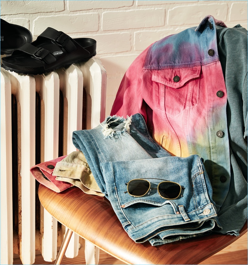 Best Coast: Channel a California cool with a Levi's Red Tab trucker jacket with a tie-dye print. Also discover Illesteva sunglasses, AGOLDE jeans, a J Brand tee, and Birkenstock sandals.