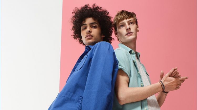 Left: Trè Samuels wears a blue shirt jacket and green jeans from Gap. Right: Roberto Sipos rocks a Gap short-sleeve oxford shirt and soft pink jeans.