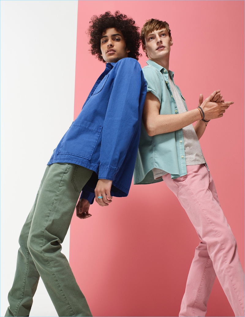 Left: Trè Samuels wears a blue shirt jacket and green jeans from Gap. Right: Roberto Sipos rocks a Gap short-sleeve oxford shirt and soft pink jeans.