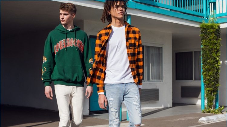 Left: Logan Flatte wears a H&M Divided sweatshirt, white jeans, and a tee. Right: Roberto Rossellini wears a plaid flannel shirt with a tee and ripped jeans.